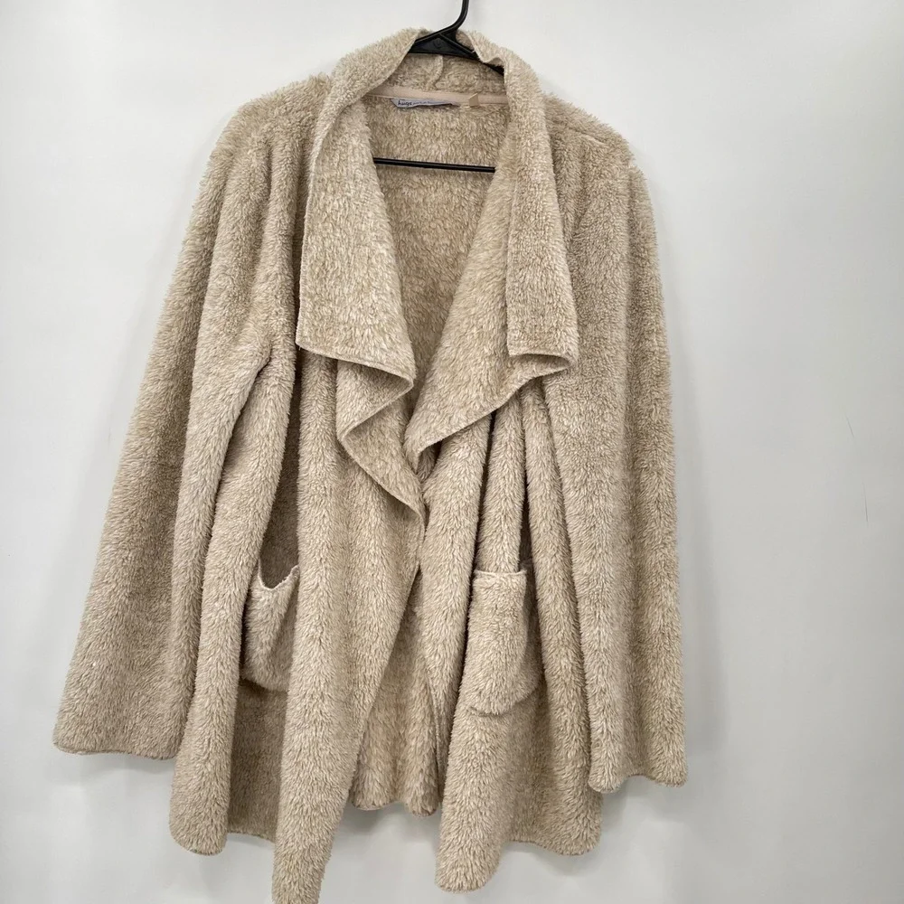 Soft Surroundings Hugs Plush Fleece‎ Shawl Collar Cardigan Sweater Beige Size L